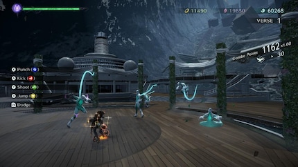 Even tsunamis can't stop Bayonetta from giving the nasty Homunculi a good thrashing.