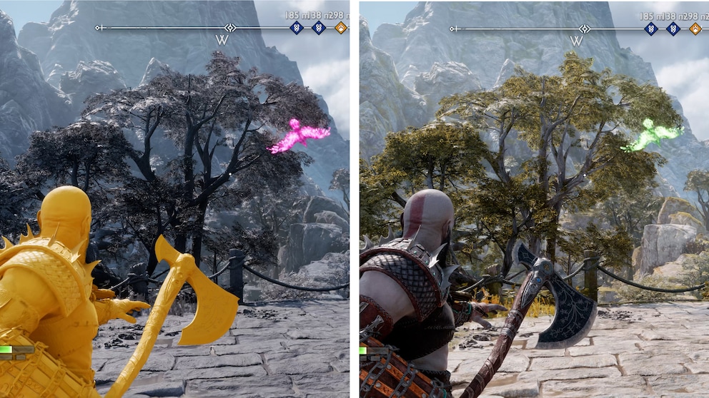 The picture on the right shows the normal render mode, while high contrast is displayed on the left. The crow is much easier to see when it’s coloured in magenta.