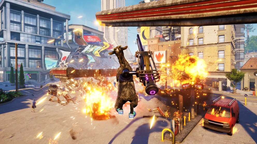 Du wolltest schon immer als Ziege mit einem Raketenwerfer eine Tankstelle in die Luft jagen? Dann ist «Goat Simulator 3» das richtige Spiel für dich!