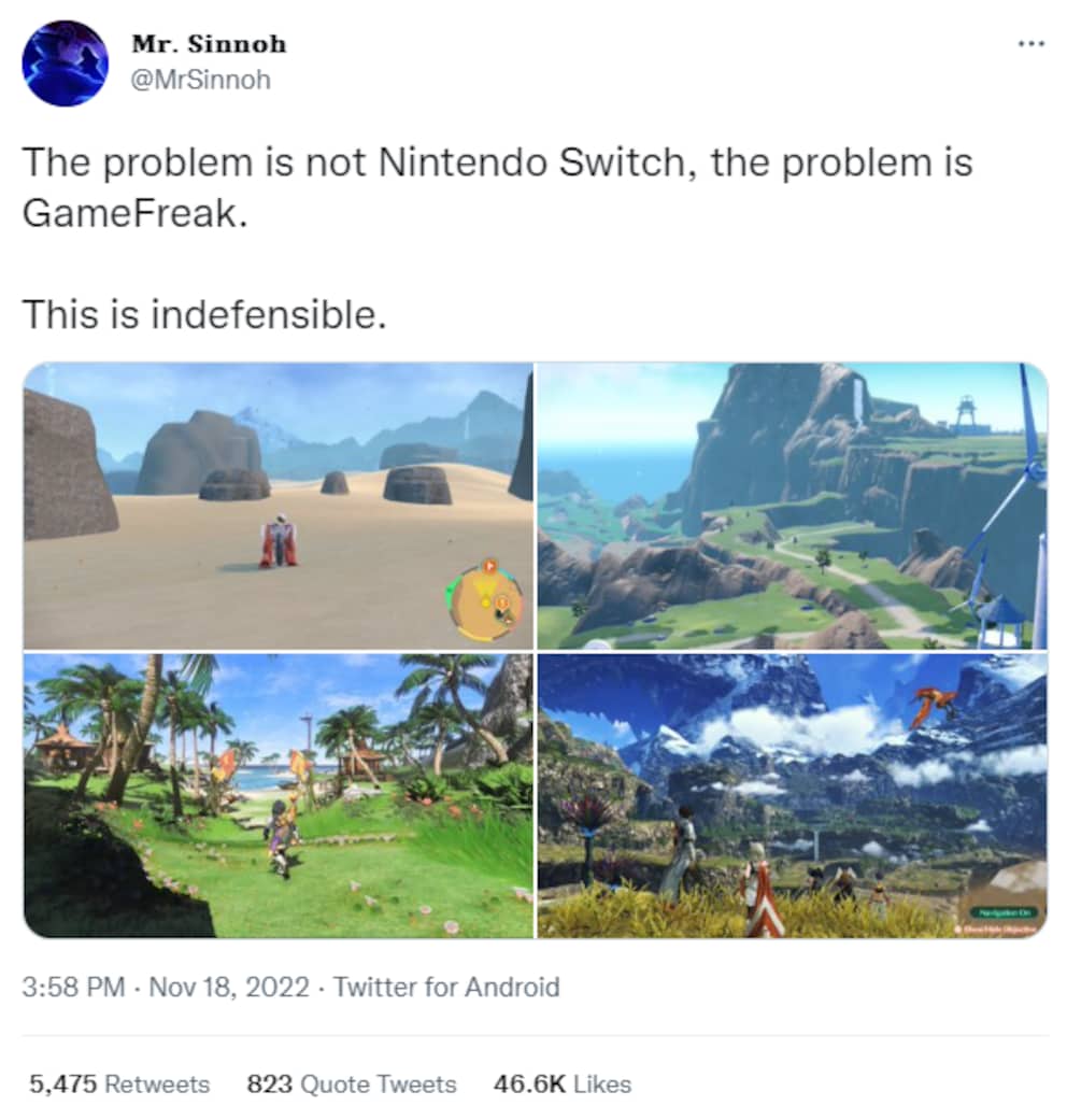Karge Landschaften in «Pokémon» (oben), wunderschöne Gebiete in «Xenoblade Chronicles 3» (unten rechts) und «The Legend of Zelda: Breath of the Wild» (unten links).