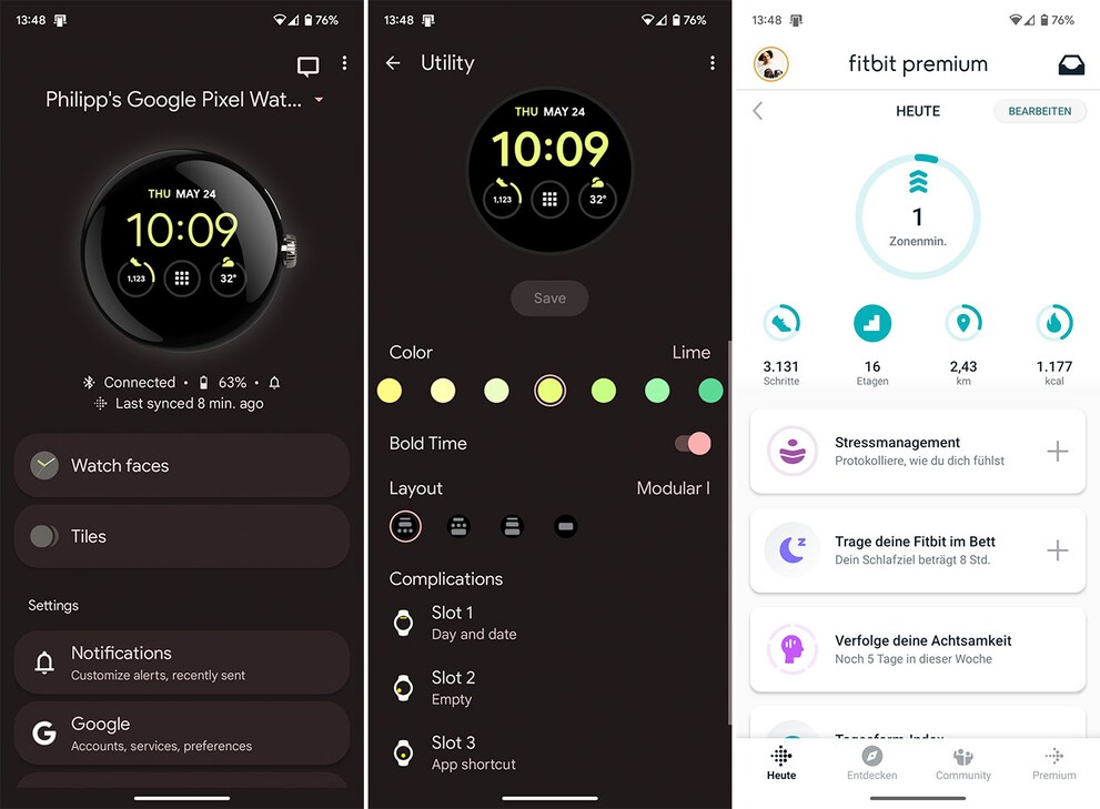 Die Pixel-Watch-App wirkt etwas mager im Vergleich zur Apple-Watch-App.