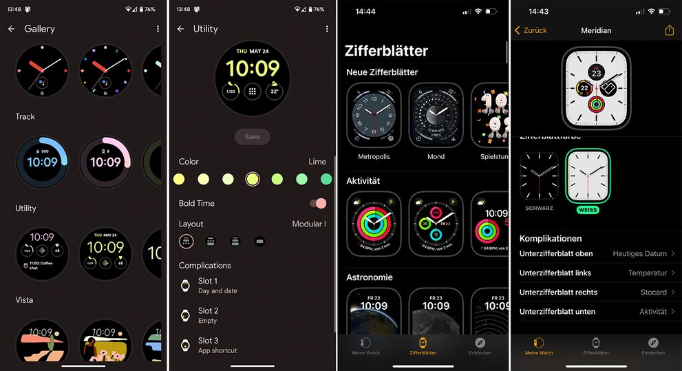 Beide Uhren bieten ein grosszügiges Sortiment an Watch Faces. Die linken Bilder sind vom Pixel und die rechten vom iPhone.
