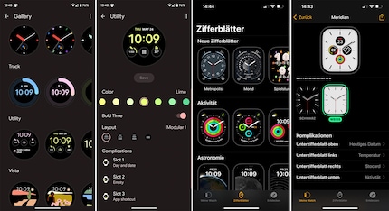 Entrambi gli orologi offrono un'ampia gamma di watch face. Le immagini a sinistra si riferiscono del Pixel e quelle a destra all'iPhone.