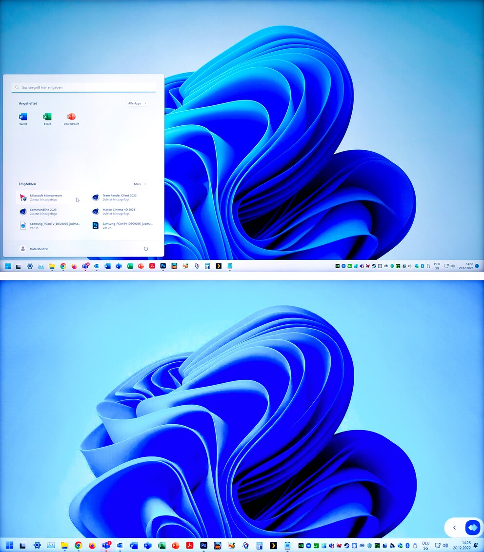 Sopra la connessione con Windows «Remote Desktop», sotto con «Easy Connection to Screen». Entrambi con risoluzione a 1080p, ma non con la stessa scala (non regolabile).