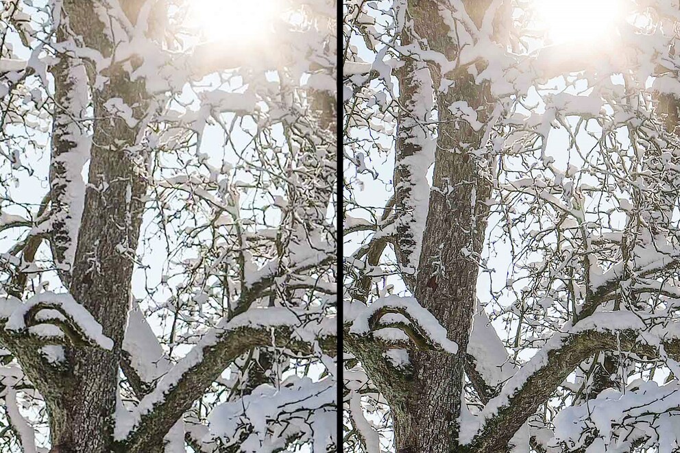 Der High-Resolution-Modus (rechts) erhöht die Auflösung auf 96 Megapixel und fängt so mehr Details ein als ein normales Bild (links).