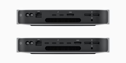 A l'arrière du Mac Mini, vous pouvez voir les différents connecteurs. En haut, la variante M2, en bas le modèle M2 Pro.