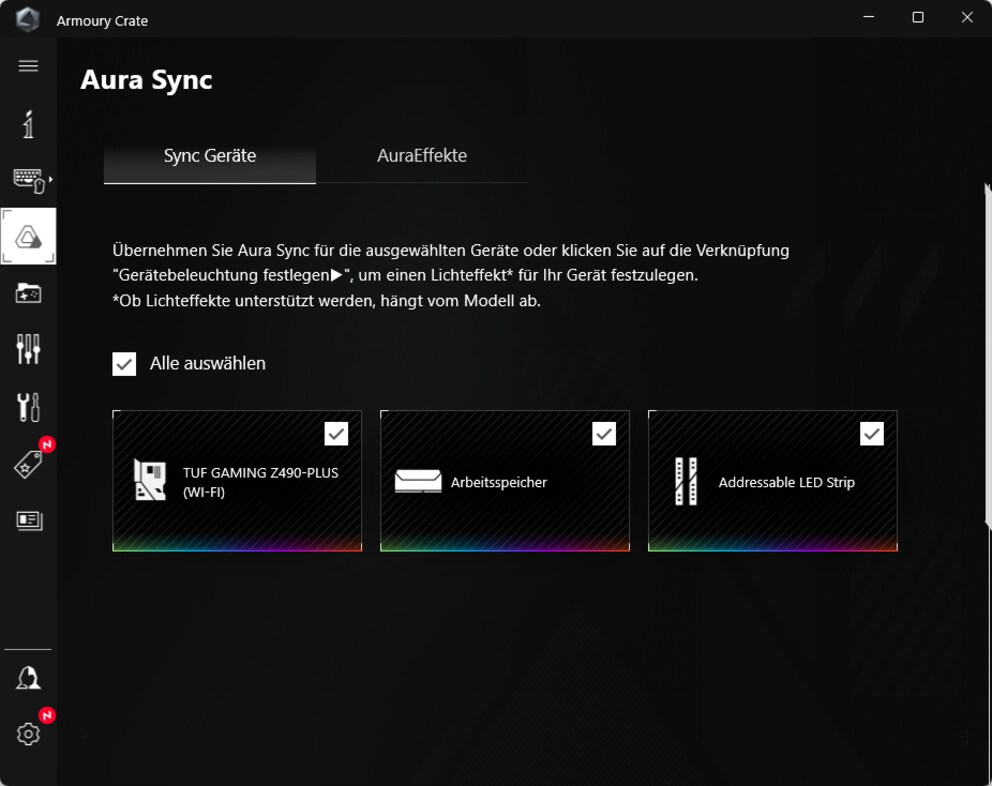Asus’ Armoury Crate software recognises RGB LEDs on fans and lists them as an Addressable LED Strip.