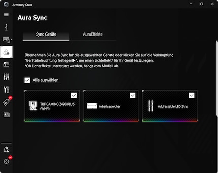 Die Software Armoury Crate von Asus erkennt die RGB LEDs der Lüfter und führt sie als Addressable LED Strip auf.