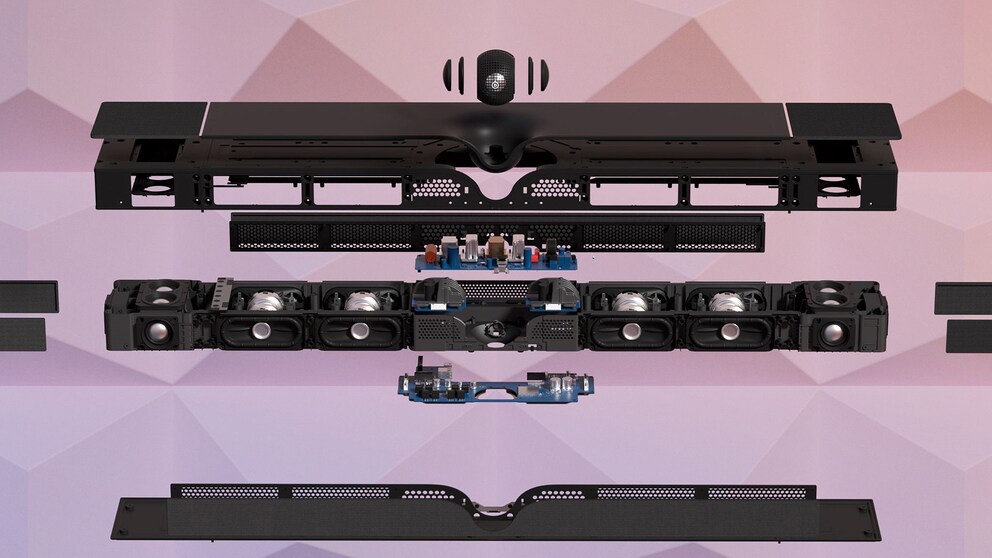 In der Mitte die Sphäre, gleich links und rechts davon die acht Subwoofer-Treiber. Weiter seitlich die restlichen Treiber.
