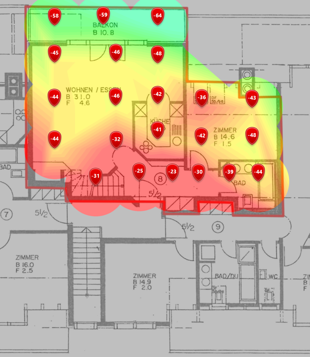 2,4-GHz-Signalpegel im unteren Dachgeschoss