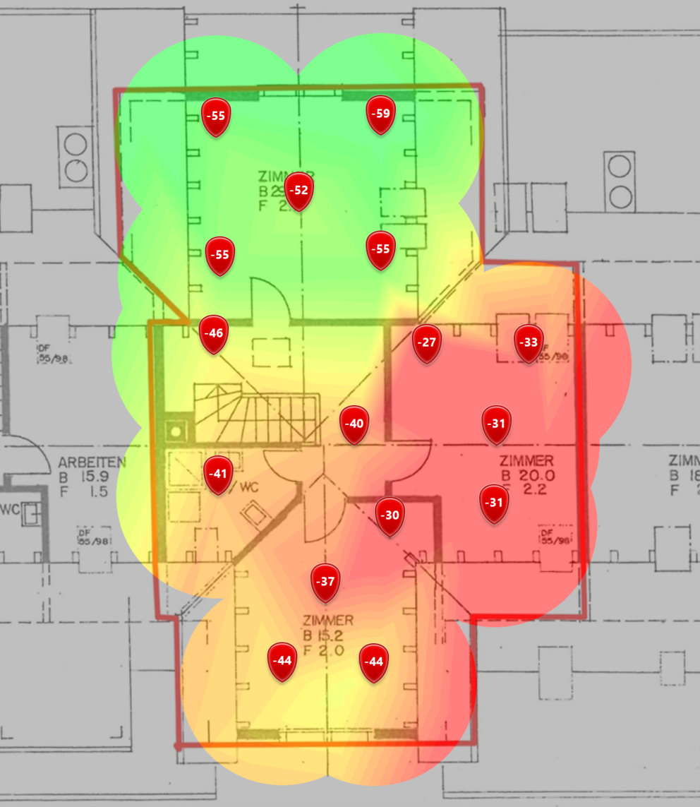 2,4-GHz-Signalpegel im oberen Dachgeschoss