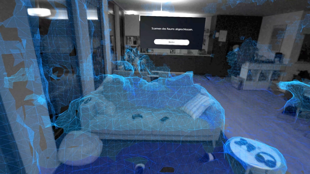 So sieht mein VR-Headset das Sofa und den Rest des Wohnzimmers. Je mehr blaue Polygone sichtbar sind, desto besser.