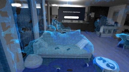 So sieht mein VR-Headset das Sofa und den Rest des Wohnzimmers. Je mehr blaue Polygone sichtbar sind, desto besser.