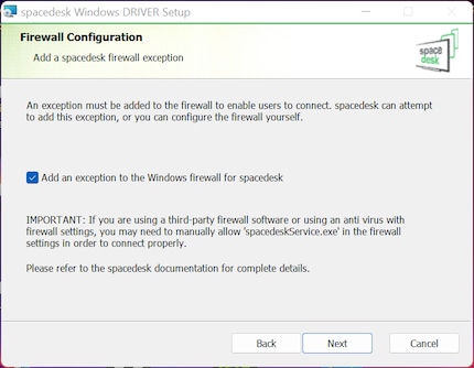 Poiché la regola di eccezione per il firewall di Windows viene creata automaticamente, installare Spacedesk è molto facile.