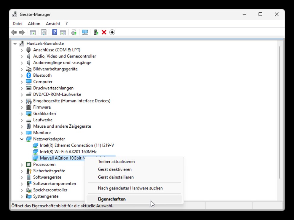 Über den Geräte-Manager gelange ich zu den Einstellungen (Eigenschaften) der Netzwerkkarte.