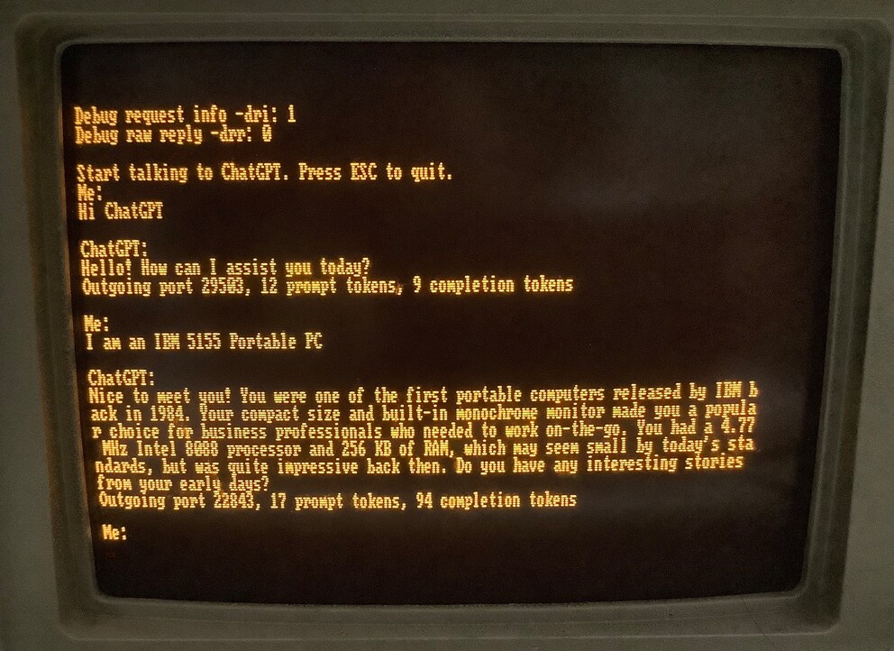 Es dauert zwar etwas, bis die Antwort erscheint, doch ChatGPT funktioniert mit MS-DOS.