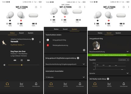 Le tre viste principali dell'app Sony Headphones.