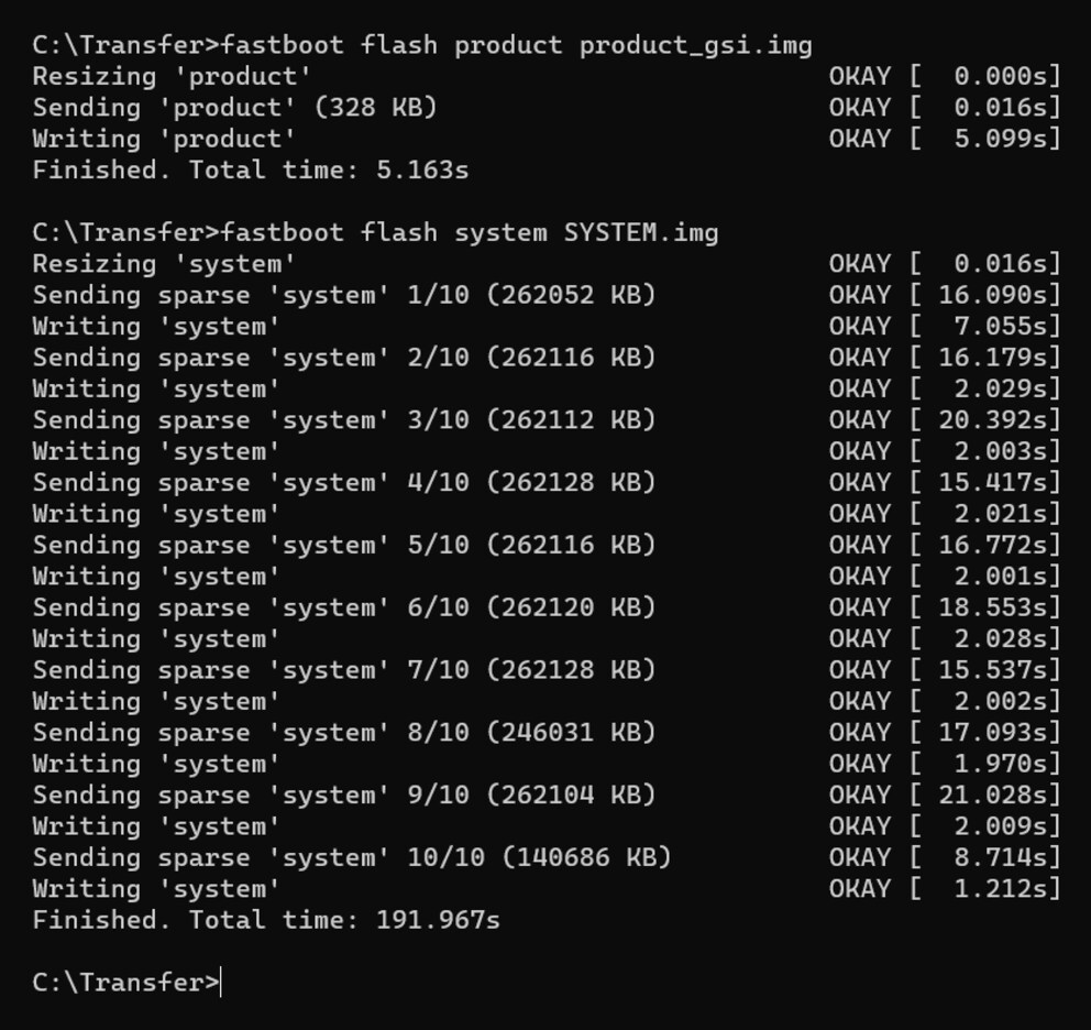 Die finalen beiden Befehle zur Installation des Custom ROMs.