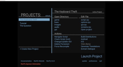 Il launcher di Ren'Py è l'interfaccia centrale per il coding e il gioco.