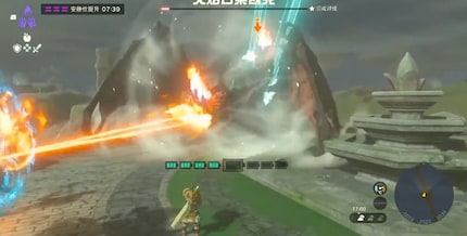 Link kann sich entspannt zurücklehnen und zuschauen, wie die Killer-Drohne den Drachen zerstört.