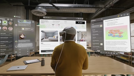 In diesem Büro hätten echte Monitore Platz – dann müsste der Herr nicht den ganzen Tag ein Headset tragen.