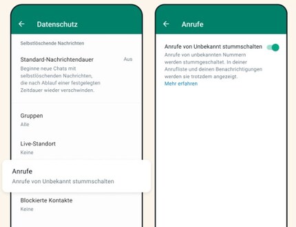 Hier können unbekannte Anrufe stummgeschalten werden