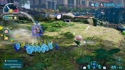 Comme de coutume dans la série « Pikmin », je suis à la tête d’une armée de Pikmin que j’envoie dans les batailles en temps réel. 