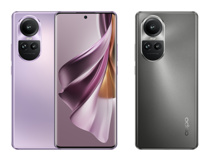 The Oppo Reno 10 Pro in glossy purple and matt black grey.