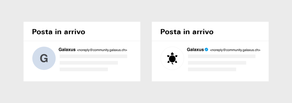 L'immagine mostra Galaxus nella posta elettronica con e senza spunta.