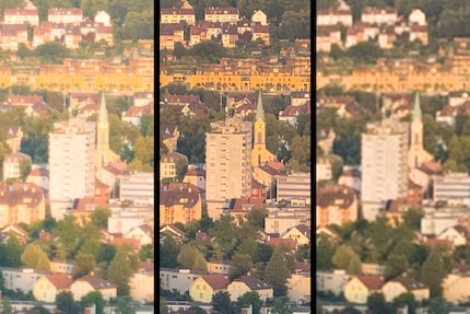 Das 85 Millimeter des Xperia (links) im Vergleich mit einem stärker digital gezoomten Bild des iPhone 14 Pro (mitte) und einem extrem gezoomten Bild des 24 Millimeter des Xperia (rechts)