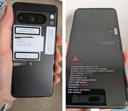 The alleged Google Pixel 8 Pro with stickers on the back. Despite the protective cover, the unrounded edges of the display can be seen on the front.