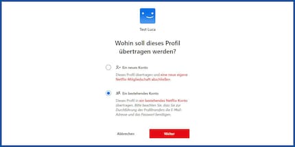 Neu kannst du bei Netflix ein bestehendes Profil auch in ein bereits bestehendes Konto übertragen.