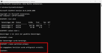So erstellst du in Diskpart eine neue Partition.