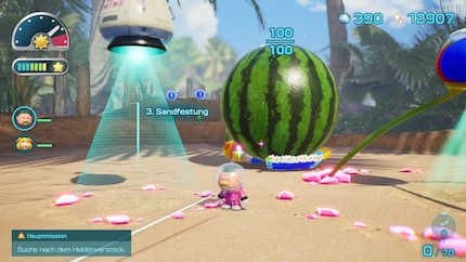 Qui il mio esercito di Pikmin sta trasportando un «tesoro»: una bellissima anguria.