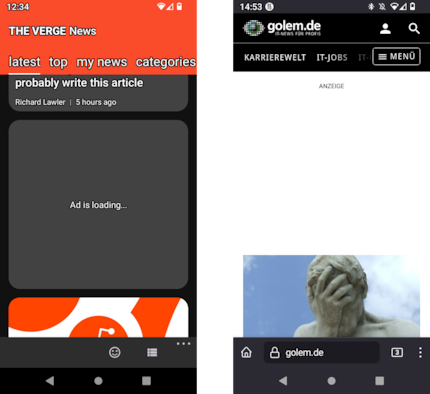 No more ads. Neither in app The Verge on the left, nor on the golem.de website on the right.