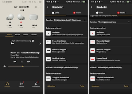 Tout à gauche de l’image, la page d’accueil de l’application, les deux autres images montrent les options de commande pour les écouteurs.