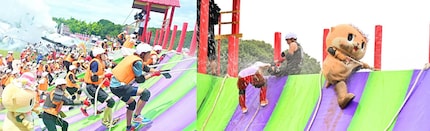 Le premier obstacle sur le chemin du château est l’ascension d’un mur, où les candidats doivent courir sur une pente glissante et se faire bombarder d’eau.