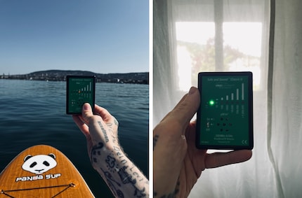 À gauche : j’ai mesuré au minimum 100 microwatts par mètre carré sur le lac. À droite : sur mon lit, je suis dans le vert. 