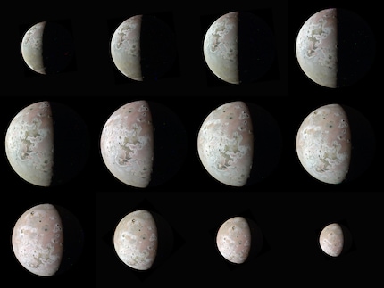 Twelve views of Jupiter's moon Io from the Juno space probe.