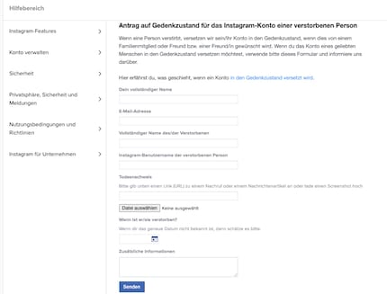 Merkwürdig: Instagram will einen Link zu einem Nachrichtenartikel oder einen Nachruf als Todesbestätigung – oder einen Screenshot dessen. Dabei handelt es sich aber nicht um ein offizielles Dokument.