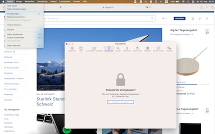 Safari öffnet den (verschlüsselten) Passwort-Manager nur, wenn du das Password des Macs weisst. Bei anderen Browsern siehst du ohne Passwort immerhin teilweise die gespeicherten Dienste ohne Passwort.