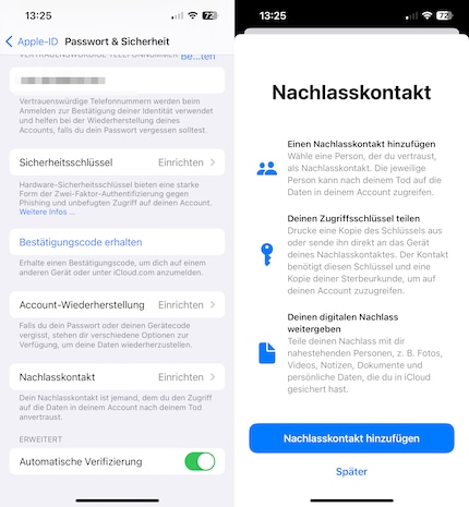 Du kannst bestimmen, welche Geräte diesem Nachlasskontakt zugänglich gemacht werden sollen. Das entsprechende Menü poppt dann direkt auf.