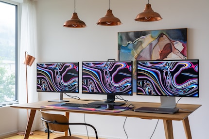 Three 27-inchers with different resolutions: on the left a Dell S2721DS with 1440p, in the middle a BenQ SW271 with 4K and on the right the Apple Studio Display with 5K.