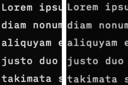 A pixel density of 218 ppi (left) is sharper than 109 ppi (right). The closer you are to the display, the more likely you are to see individual pixels, and the more frayed slanted and rounded edges appear.
