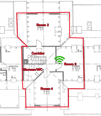 The upper floor. Green Wi-Fi icon: router location