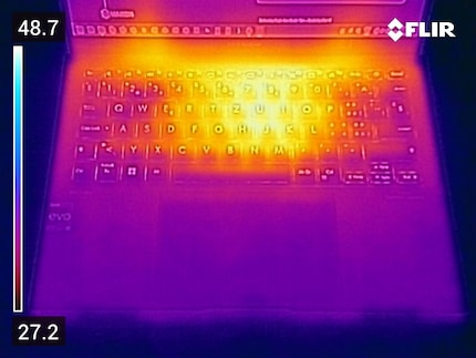 The case temperature climbs to 48.7 degrees Celsius when the processor cores are under continuous load.