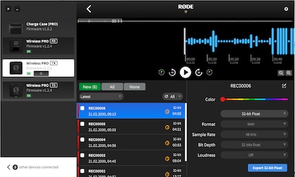 In «Rode Central» puoi fare impostazioni e controllare, riprodurre ed esportare le registrazioni on-board.