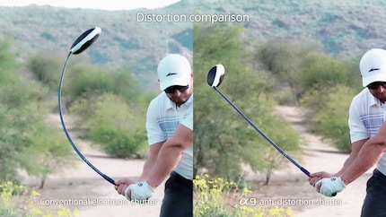 Les capteurs empilés actuels, comme ceux du Sony A9 II (à droite), déforment déjà moins les mouvements rapides que les capteurs normaux (à gauche). Mais le club de golf est toujours légèrement tordu. Avec le Global Shutter, il serait droit comme un fil.