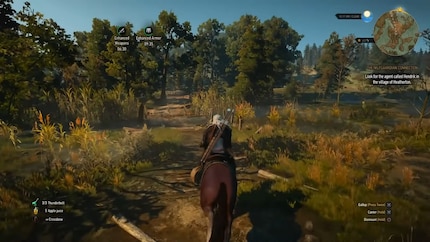 All I have to do to reach my goal as Geralt the Witcher is follow the dotted line on the minimap.