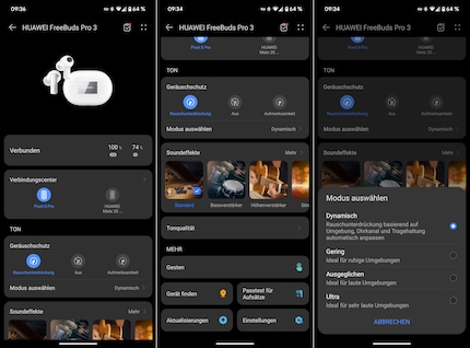 La page d'accueil de l'application «AI Life» pour les Freebuds Pro 3 et la sélection du mode de réduction du bruit.